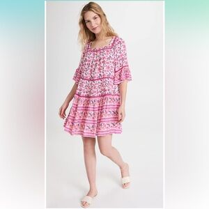Playa Lucila pink and white mini dress with short sleeves drop waist babydoll